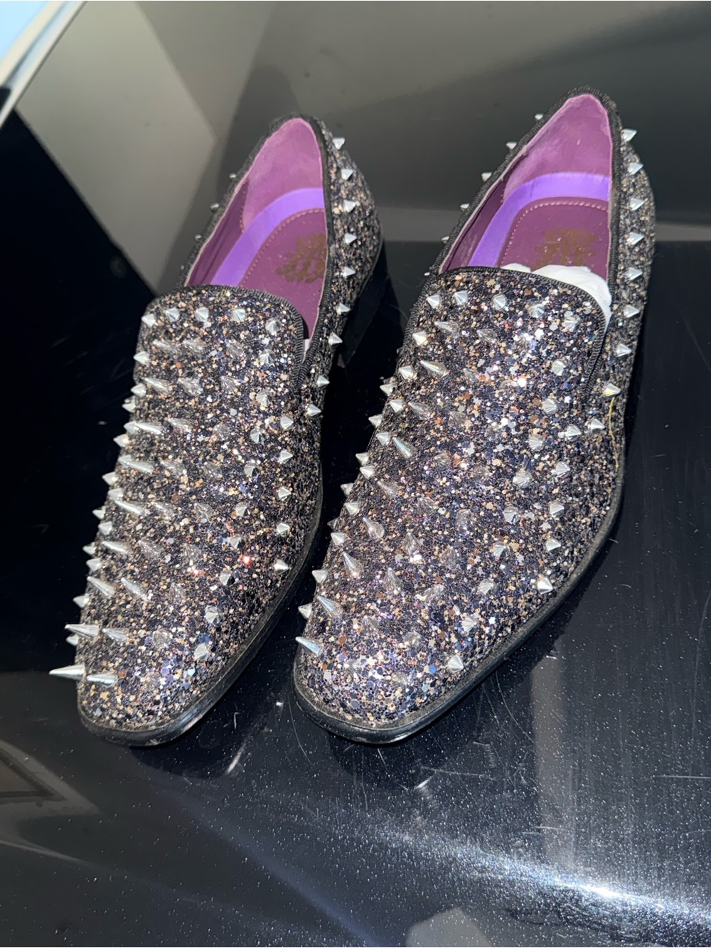 Men's Glitter Spike Slip-On Loafers in Black - Picture 1 of 4